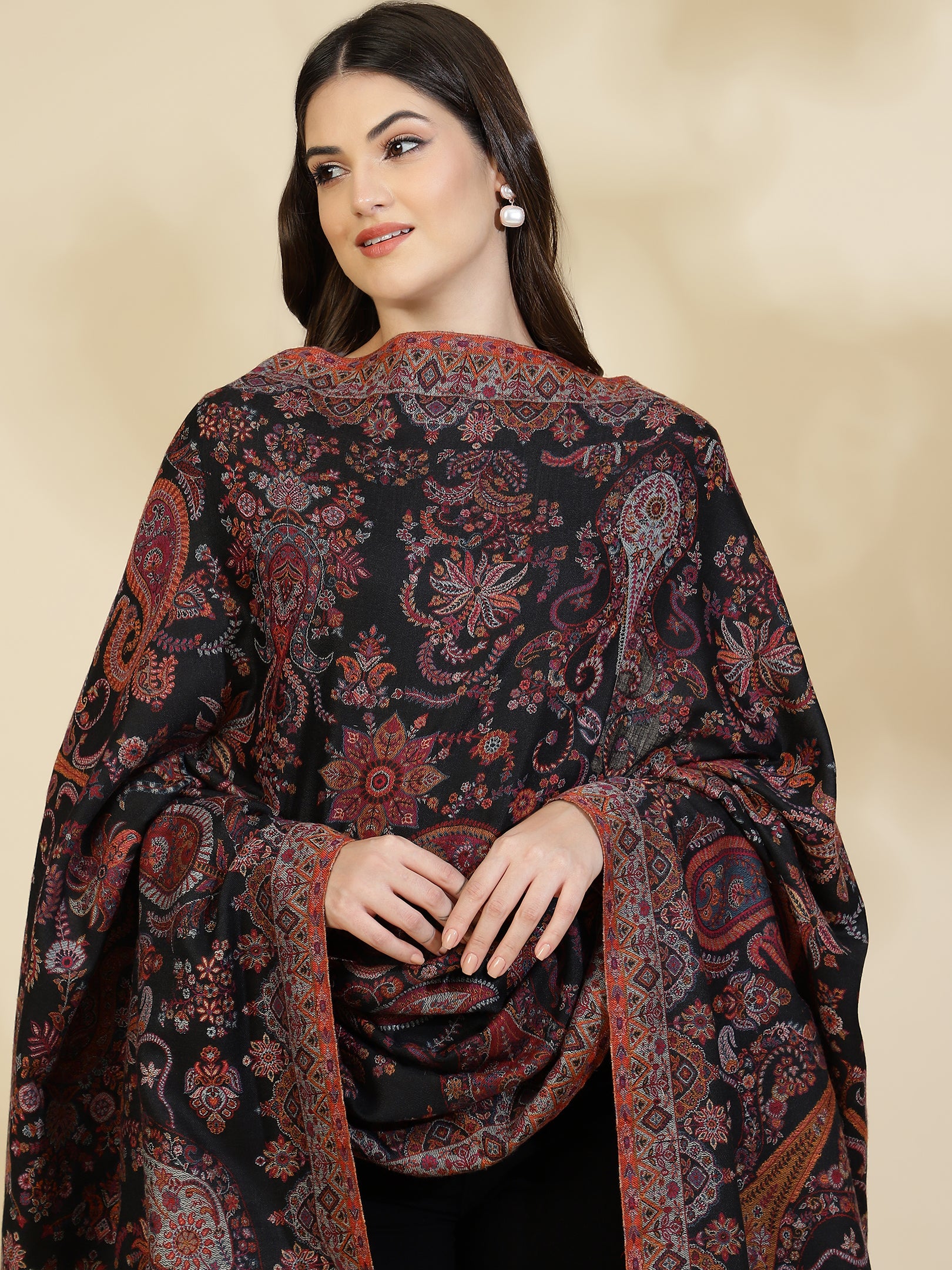 Kani Paisley Weave Pure Wool Shawl For Women | Black