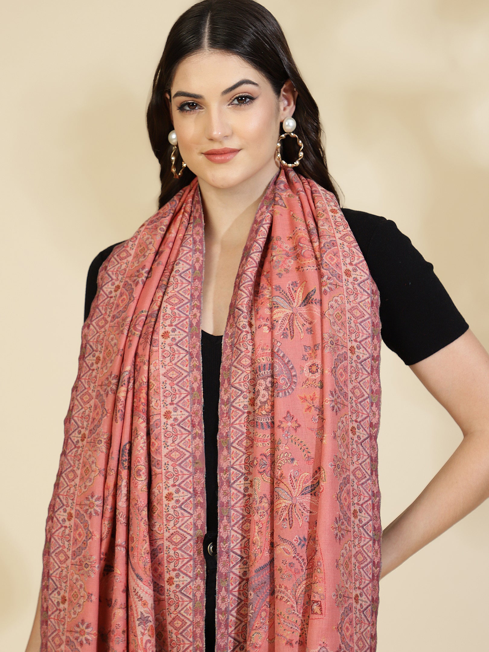 Kani Paisley Weave Pure Wool Shawl For Women | Peach