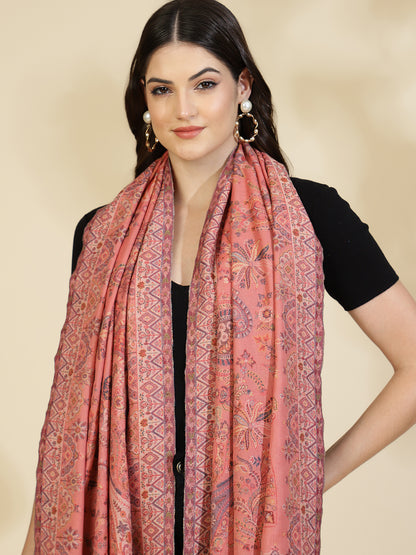 Kani Paisley Weave Pure Wool Shawl For Women | Peach