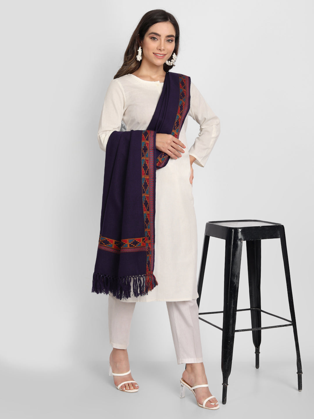 Kullu Himalayan Striped Border Shawl for Women | Blue