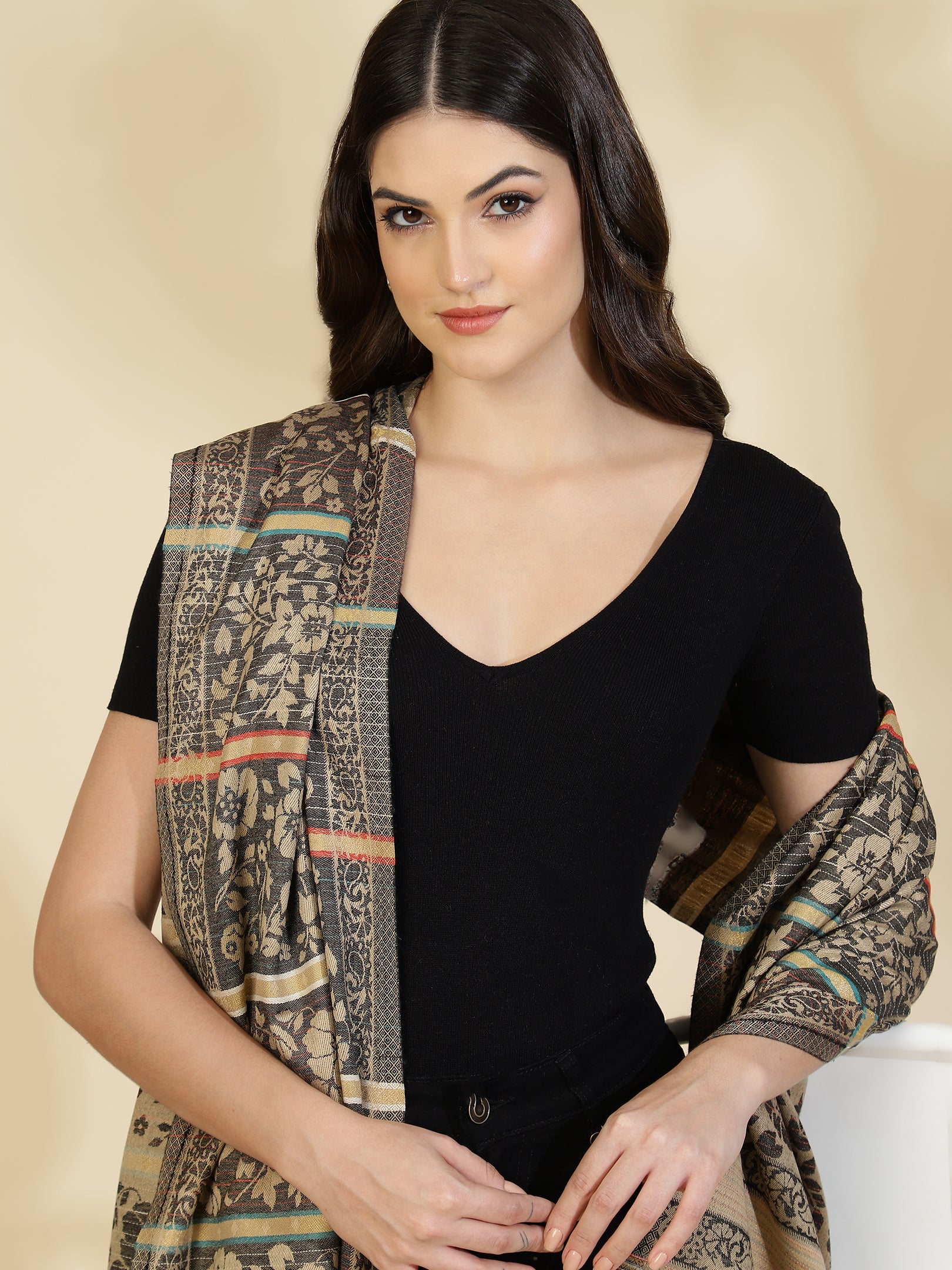 Jacquard Woven Shawl for Women in Floral Patterns | Brown