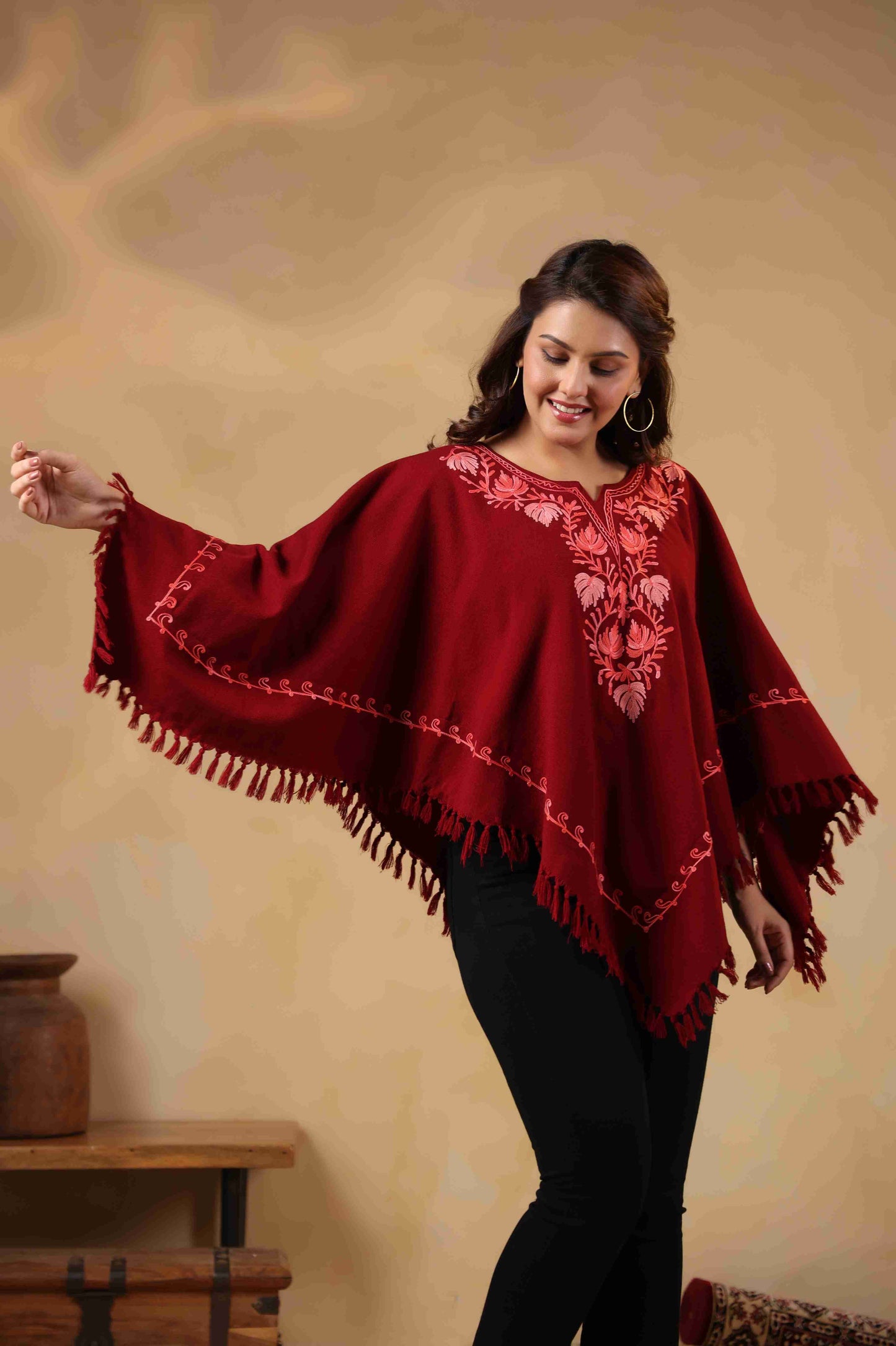 Woollen Poncho Top with Kashmiri Chinar Neck Hand Embroidery  and Inner Lining | Maroon