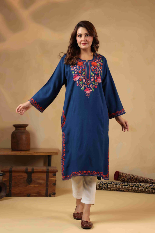 Multicolor Aari Embroidery Kashmiri Pheran | Blue