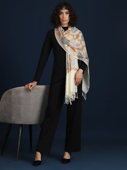 Woollen Pashmina Feel Royal Stole in Silk Embroidery Dense Jaal for Women | White