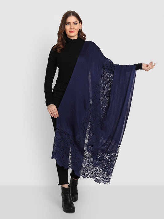 Pure Fine Wool Woolen Stole for Women with Lace Endings | Blue