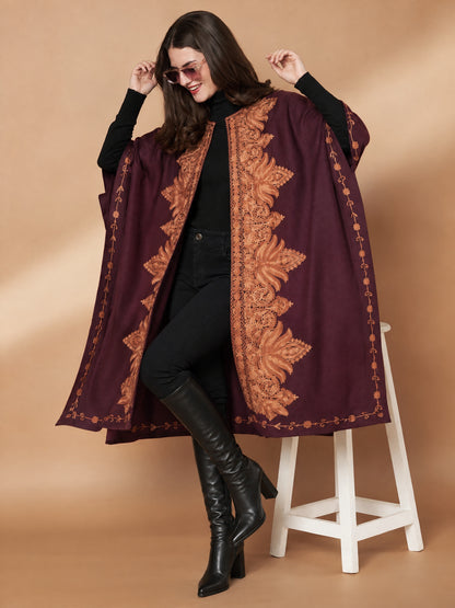 Floral Aari Embroidery Wine Pheran Shrug