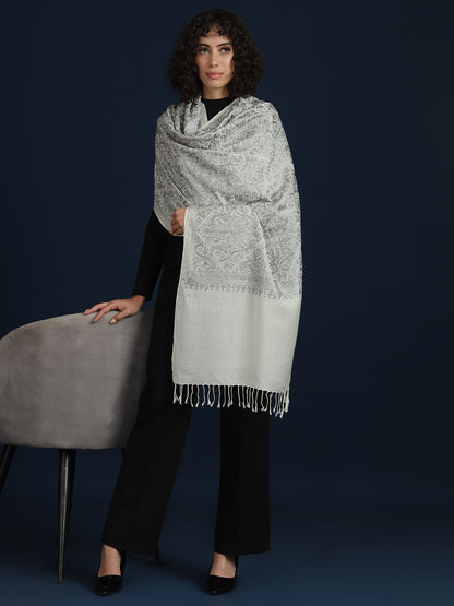 Woollen Pashmina Feel Stole in Silk Embroidery Dense Jaal for Women | White