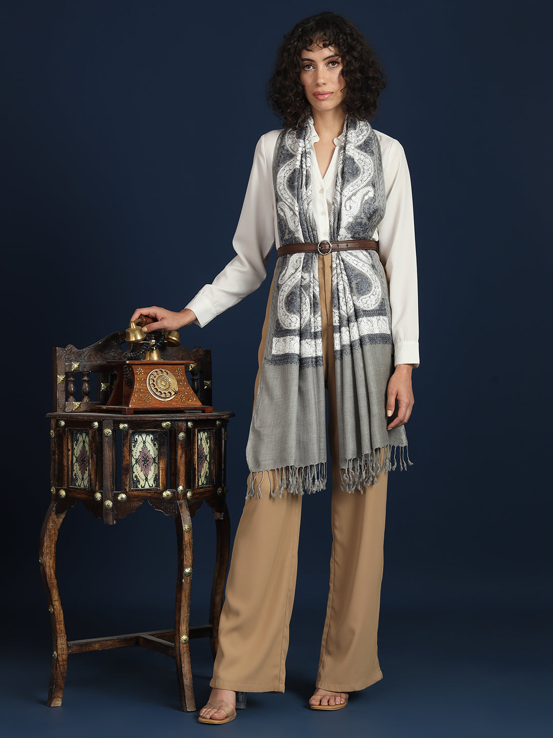 Woollen Pashmina Feel Stole in Silk Embroidery for Women | Grey