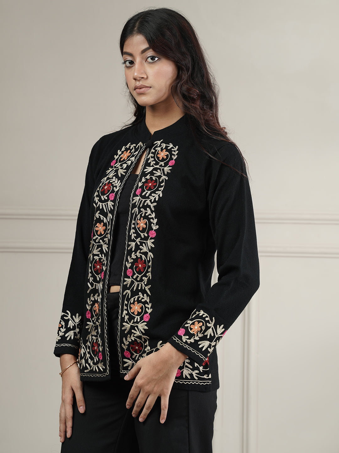 Knitted Short Shrug with Aari Embroidery | Black