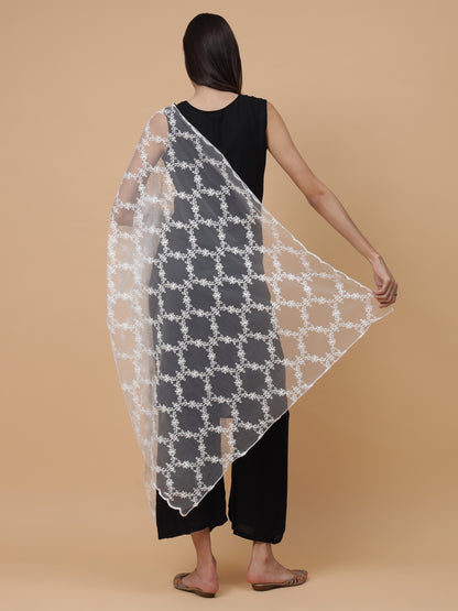 Embroidered Net Dupatta for Women | White