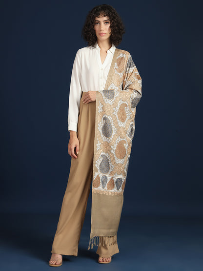 Woollen Pashmina Feel Royal Stole in Silk Embroidery Dense Jaal for Women | Brown