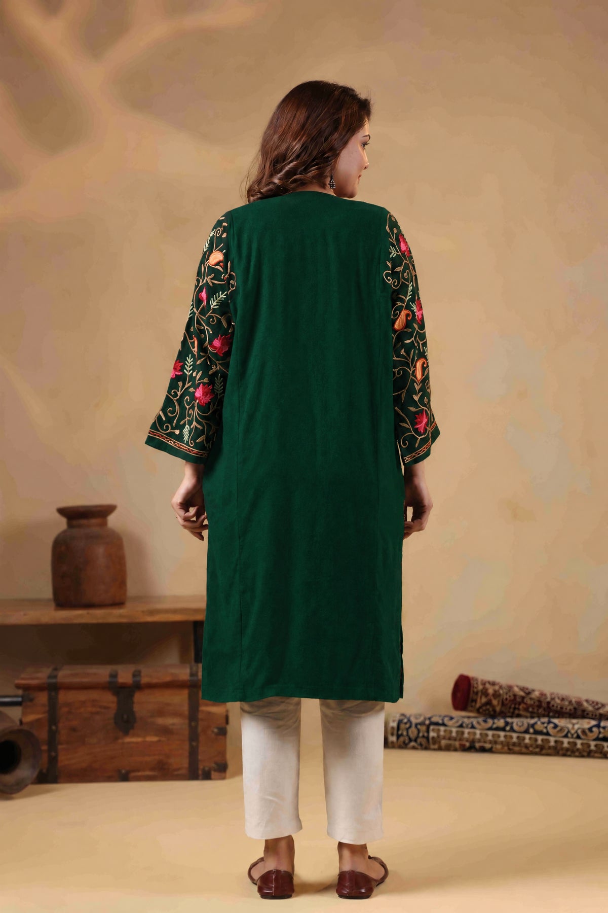 Multicolor Aari Embroidery Kashmiri Pheran | Bottle Green