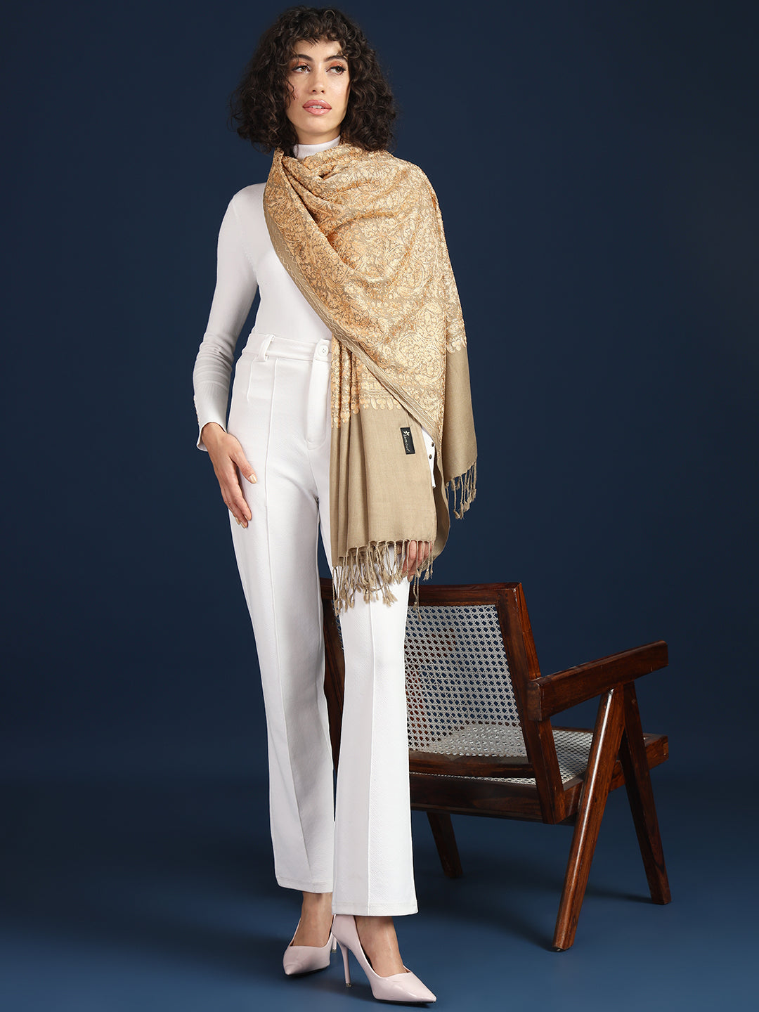 Woollen Pashmina Feel Stole in Silk Embroidery Dense Jaal for Women | Brown