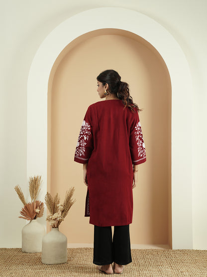 Floral Paisley Aari Embroidery Kashmiri Pheran | Maroon
