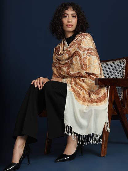 Woollen Pashmina Feel Stole in Silk Embroidery for Women | White