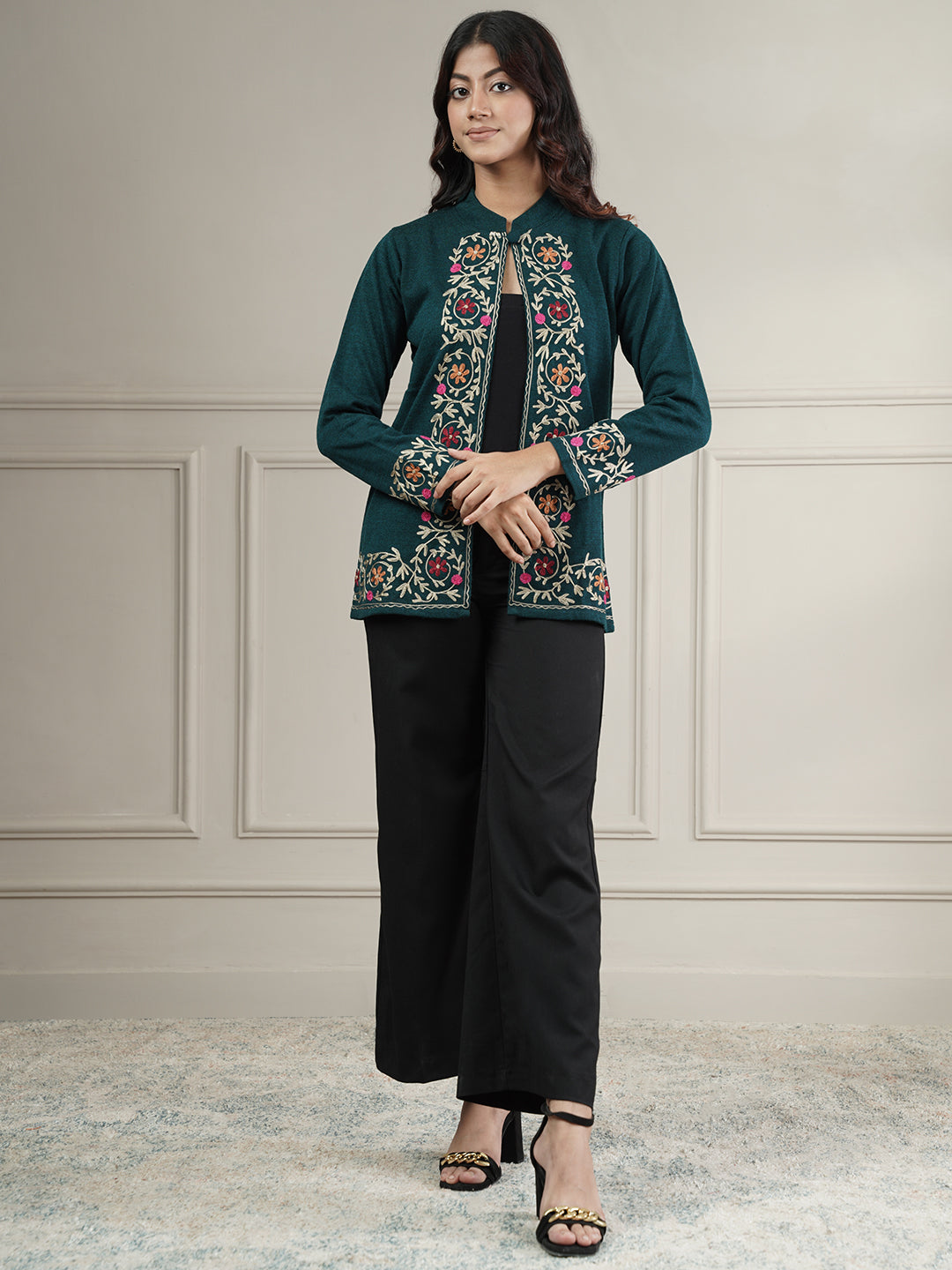 Knitted Short Shrug with Aari Embroidery | Teal