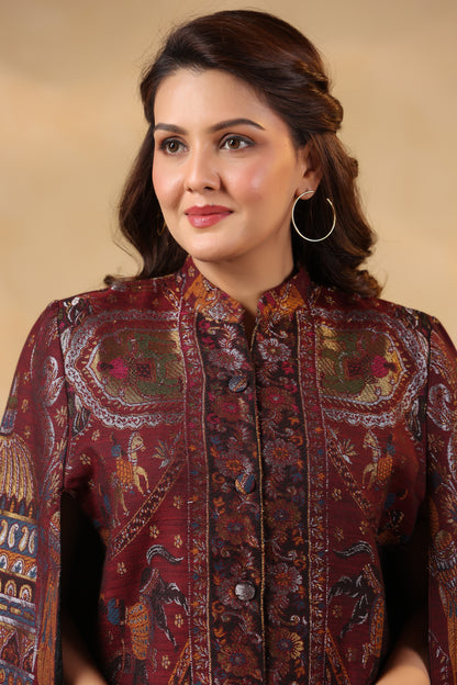 Women Woven Zari Darbar Royal Woollen Luxury Cape Jacket | Wine