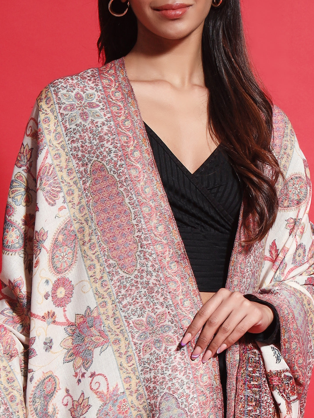 Kani Pure Wool Shawl for Women with Paisley Jaal Pattern | White