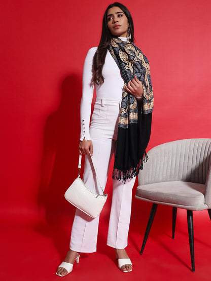 Woollen Pashmina Feel Stole in Silk Embroidery for Women | Black