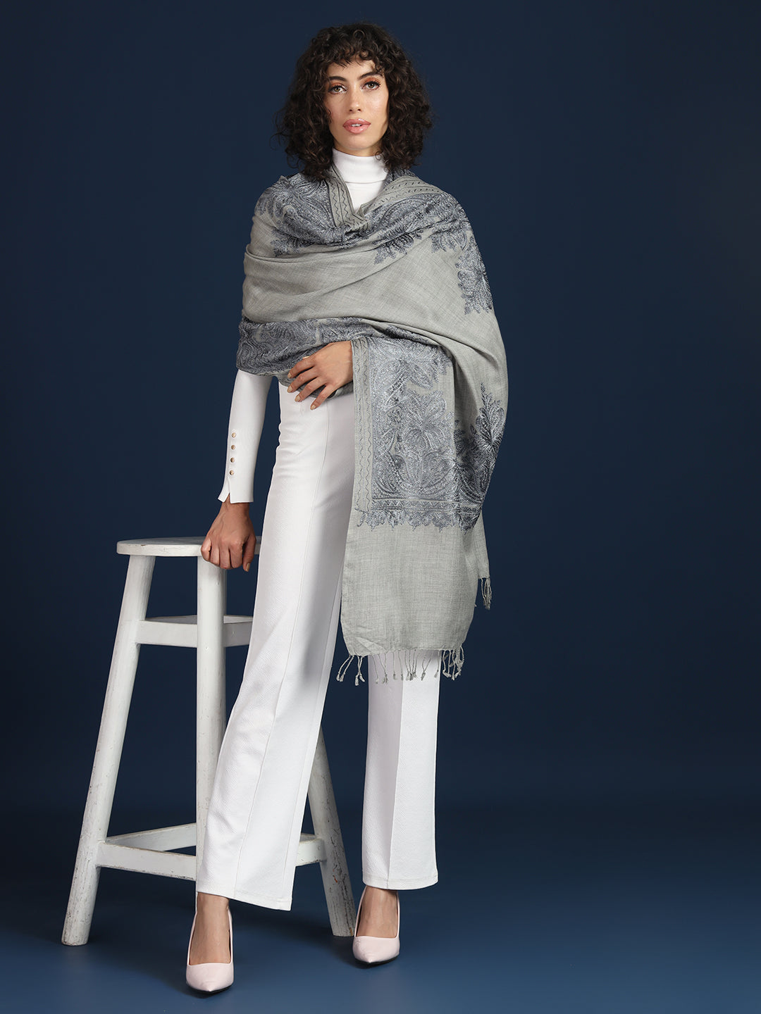 Woollen Pashmina Feel Stole in Silk Embroidery for Women | Grey