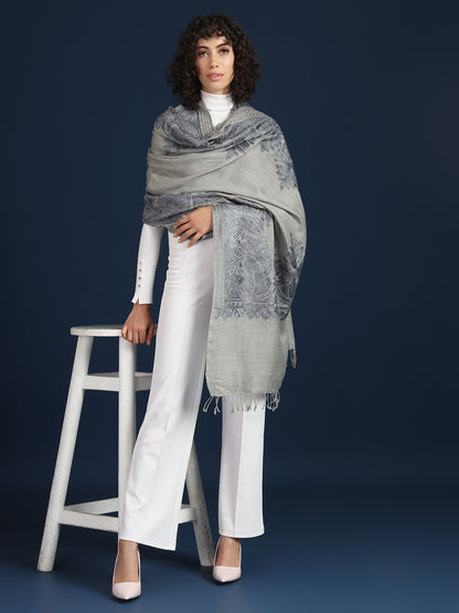 Woollen Pashmina Feel Stole in Silk Embroidery for Women | Grey
