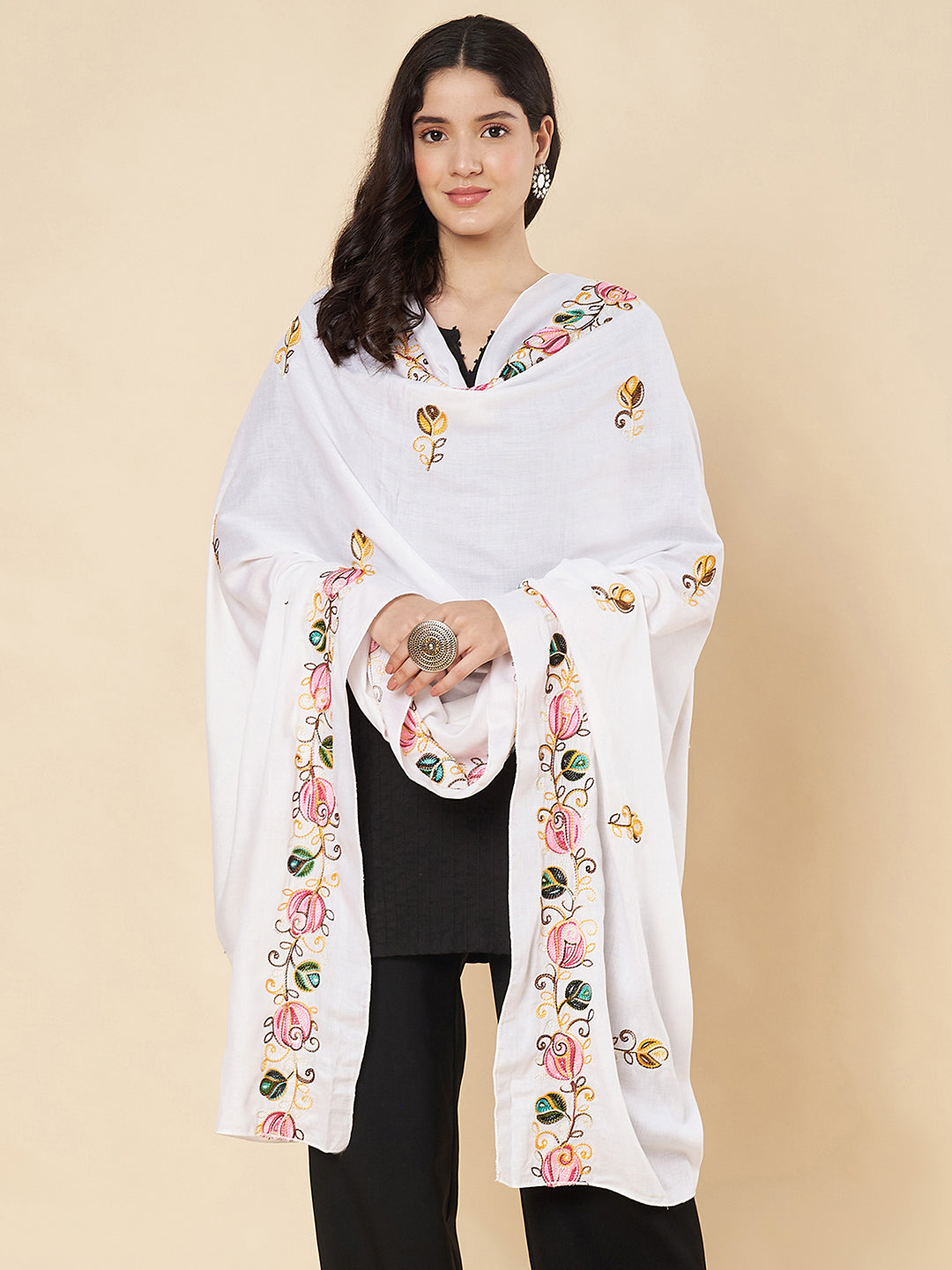 Floral Embroidered Rayon Dupatta for Women | White