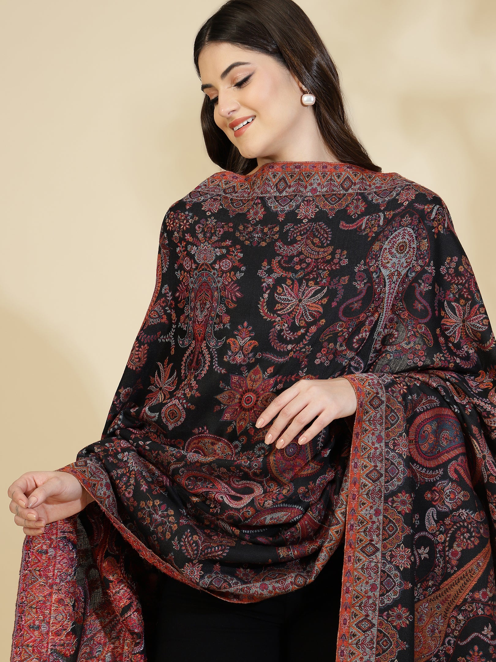 Kani Paisley Weave Pure Wool Shawl For Women | Black