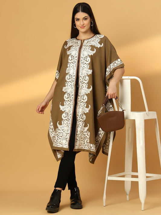 Floral Embroidery Brown Pheran Shrug