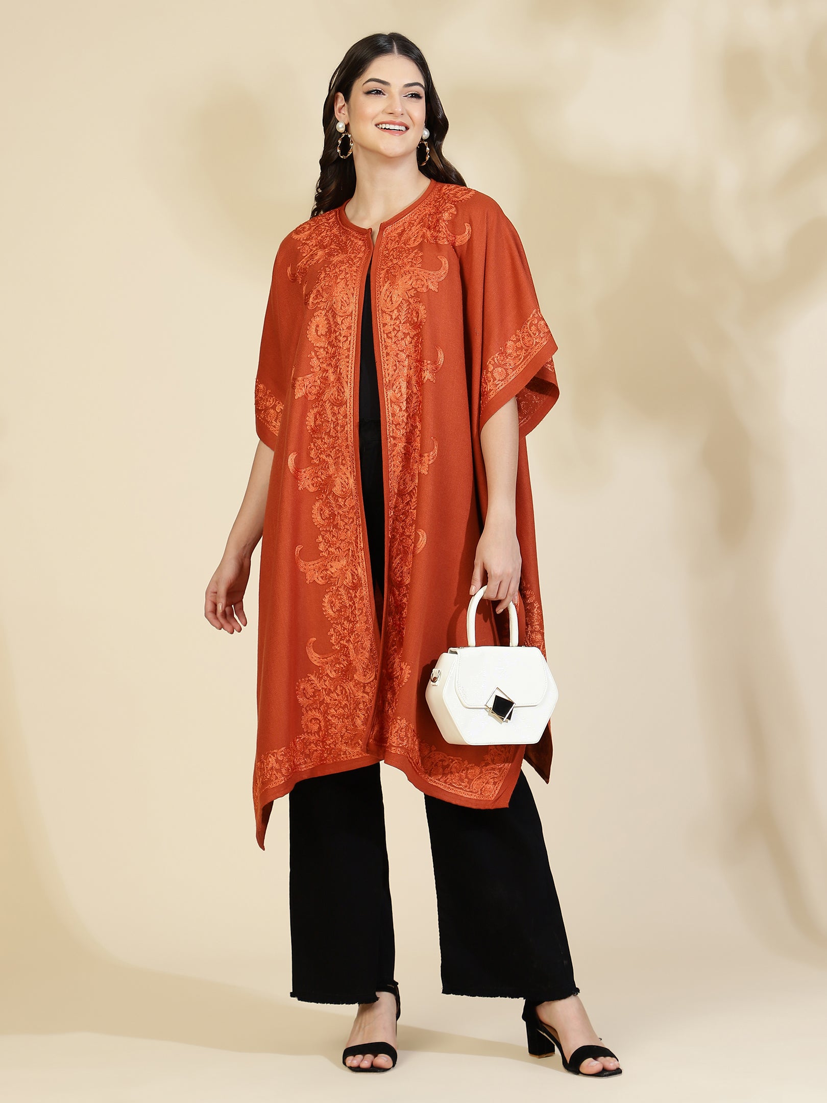 Floral Embroidery Rust Pheran Shrug