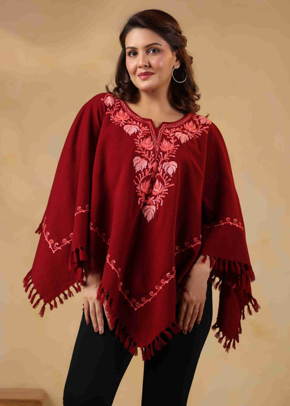 Woollen Poncho Top with Kashmiri Chinar Neck Hand Embroidery  and Inner Lining | Maroon