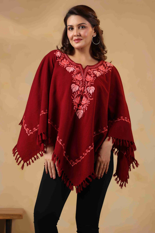Woollen Poncho Top with Kashmiri Chinar Neck Hand Embroidery  and Inner Lining | Maroon