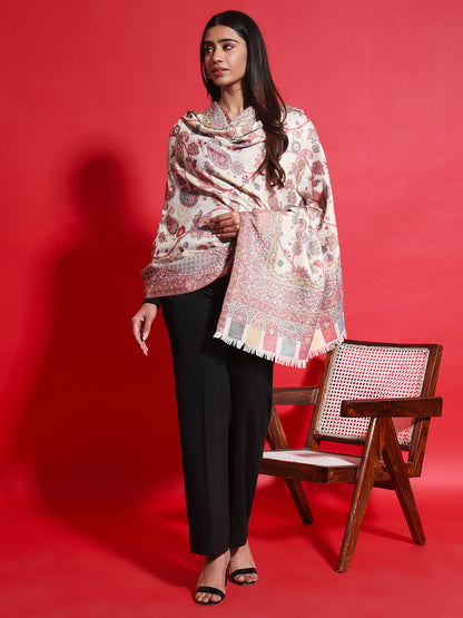 Kani Pure Wool Shawl for Women with Paisley Jaal Pattern | White