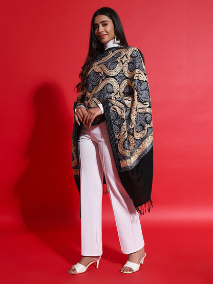 Woollen Pashmina Feel Stole in Silk Embroidery for Women | Black