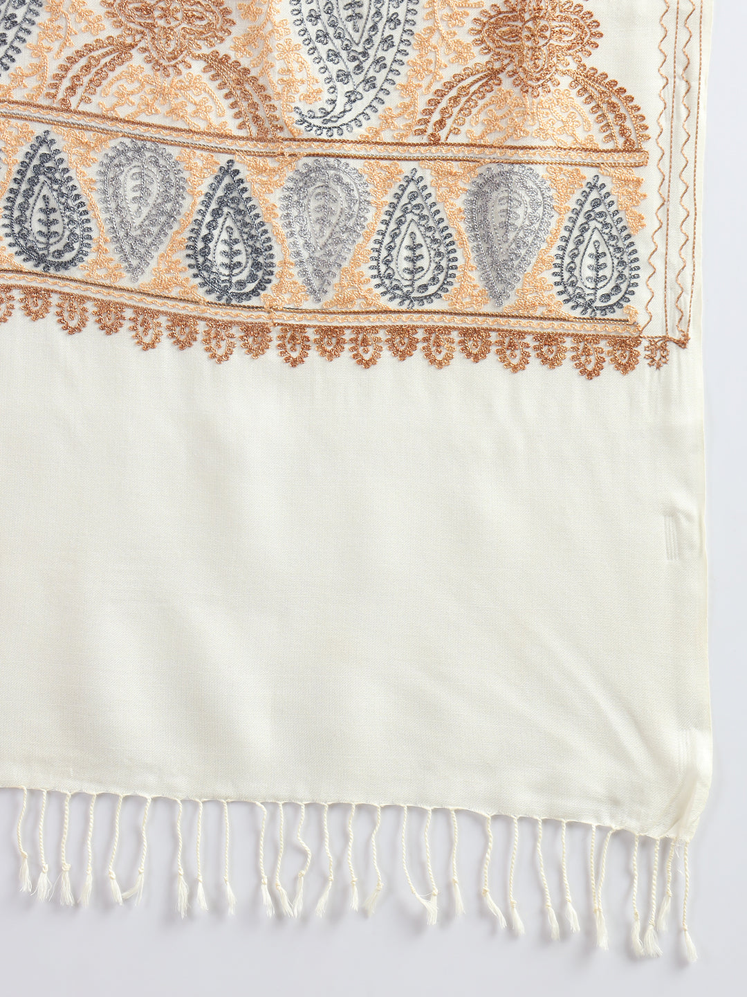 Woollen Pashmina Feel Royal Stole in Silk Embroidery Dense Jaal for Women | White