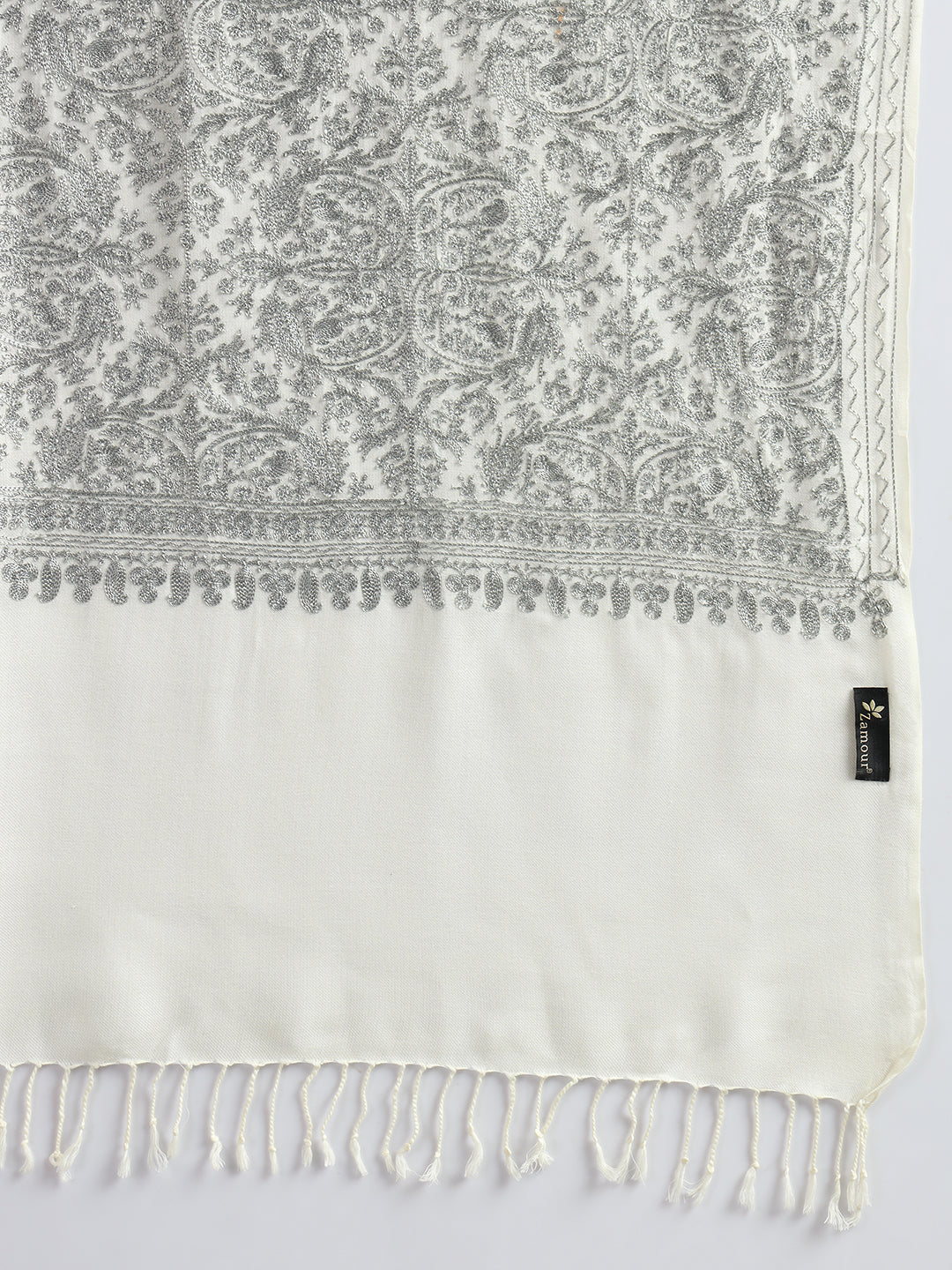 Woollen Pashmina Feel Stole in Silk Embroidery Dense Jaal for Women | White