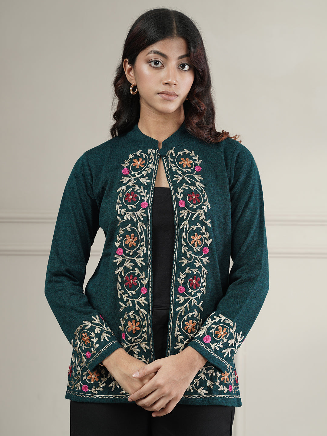 Knitted Short Shrug with Aari Embroidery | Teal