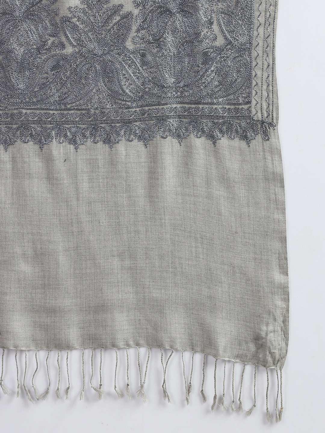 Woollen Pashmina Feel Stole in Silk Embroidery for Women | Grey