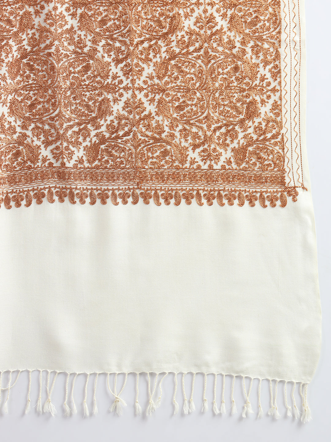 Woollen Pashmina Feel Stole in Silk Embroidery Dense Jaal for Women | White 2