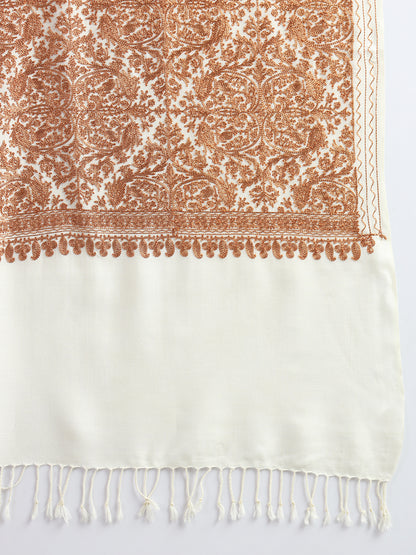 Woollen Pashmina Feel Stole in Silk Embroidery Dense Jaal for Women | White 2