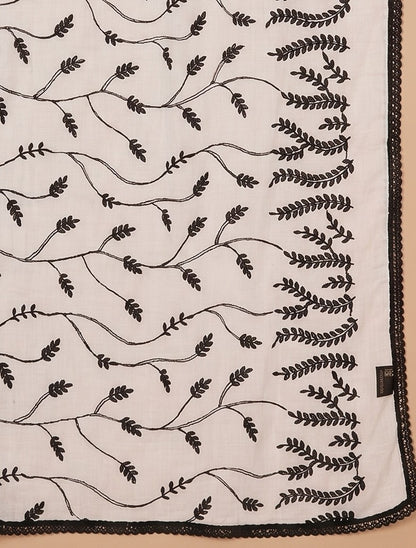 Pure Cotton Leaf Embroidery Dupatta for Men | White