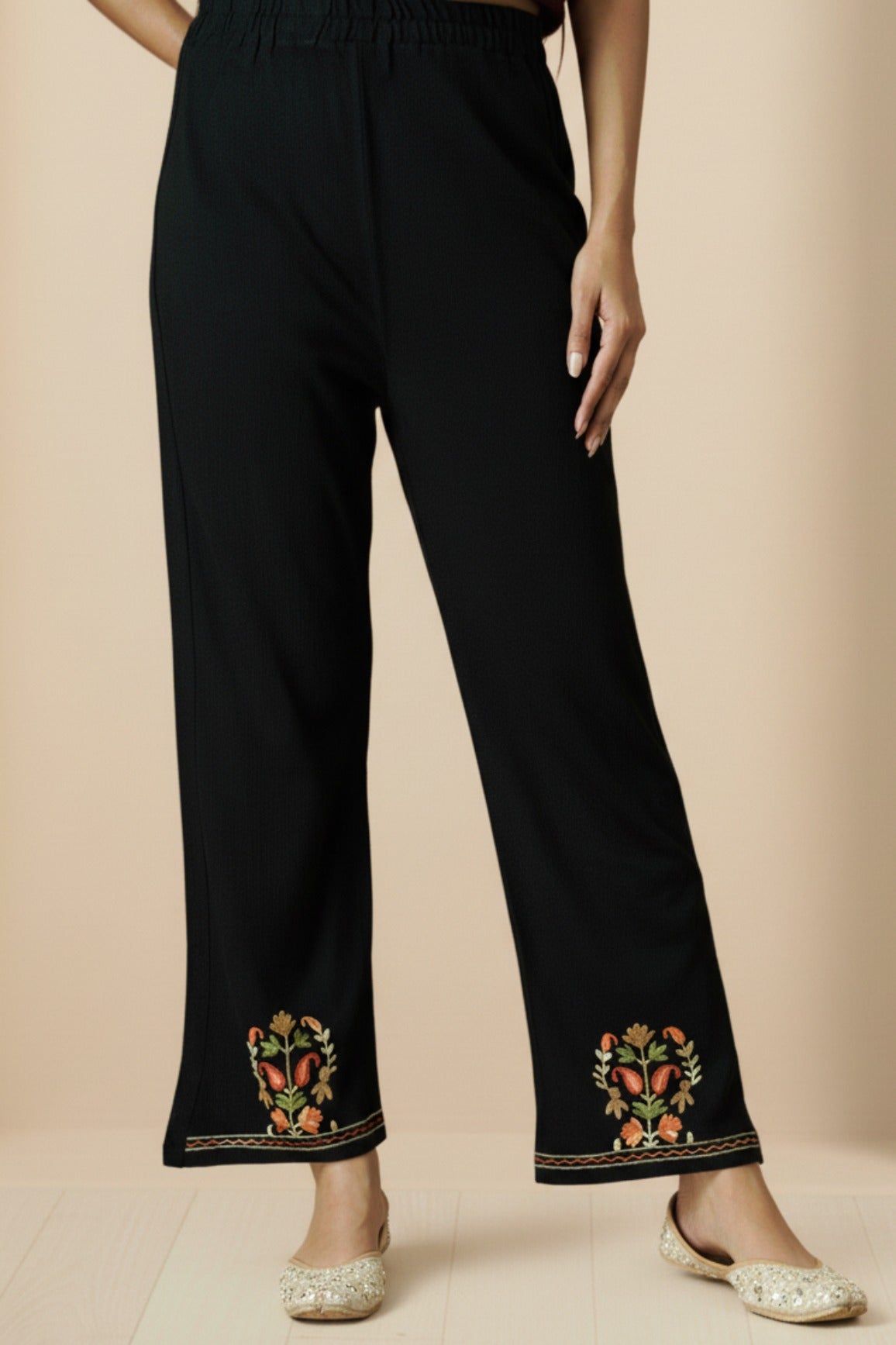 Floral Knitted Aari Embroidery Coord Set | Black