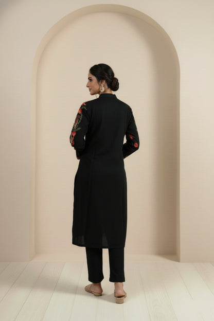 Floral Knitted Aari Embroidery Coord Set | Black