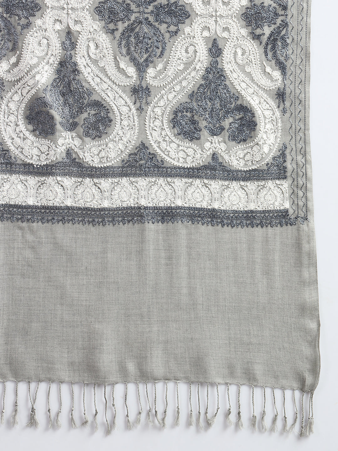 Woollen Pashmina Feel Stole in Silk Embroidery for Women | Grey