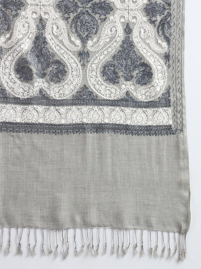 Woollen Pashmina Feel Stole in Silk Embroidery for Women | Grey