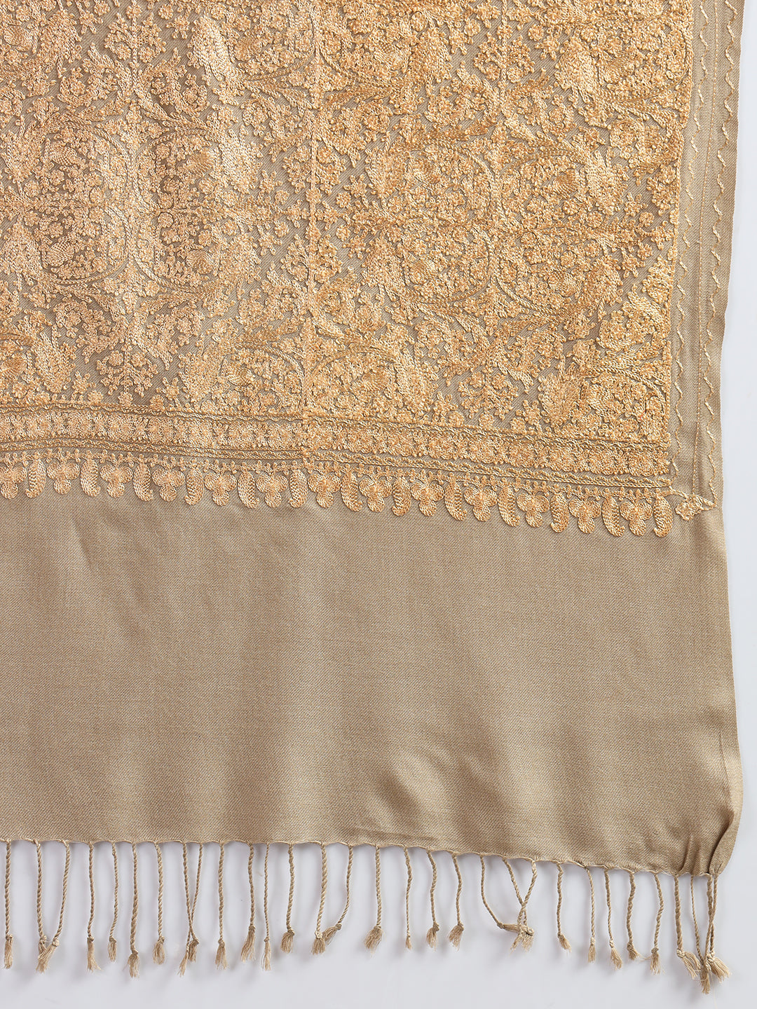 Woollen Pashmina Feel Stole in Silk Embroidery Dense Jaal for Women | Brown