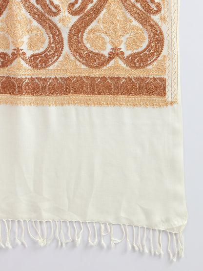 Woollen Pashmina Feel Stole in Silk Embroidery for Women | White