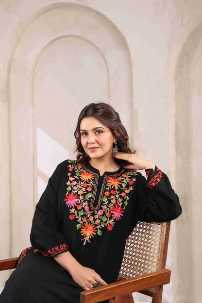 Multicolor Aari Embroidery Kashmiri Pheran | Black