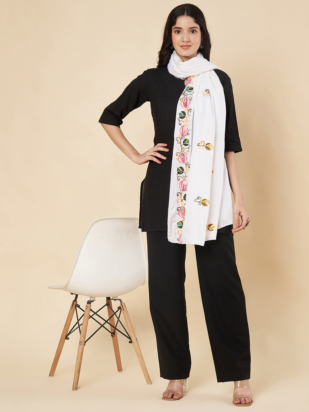 Floral Embroidered Rayon Dupatta for Women | White
