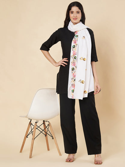 Floral Embroidered Rayon Dupatta for Women | White