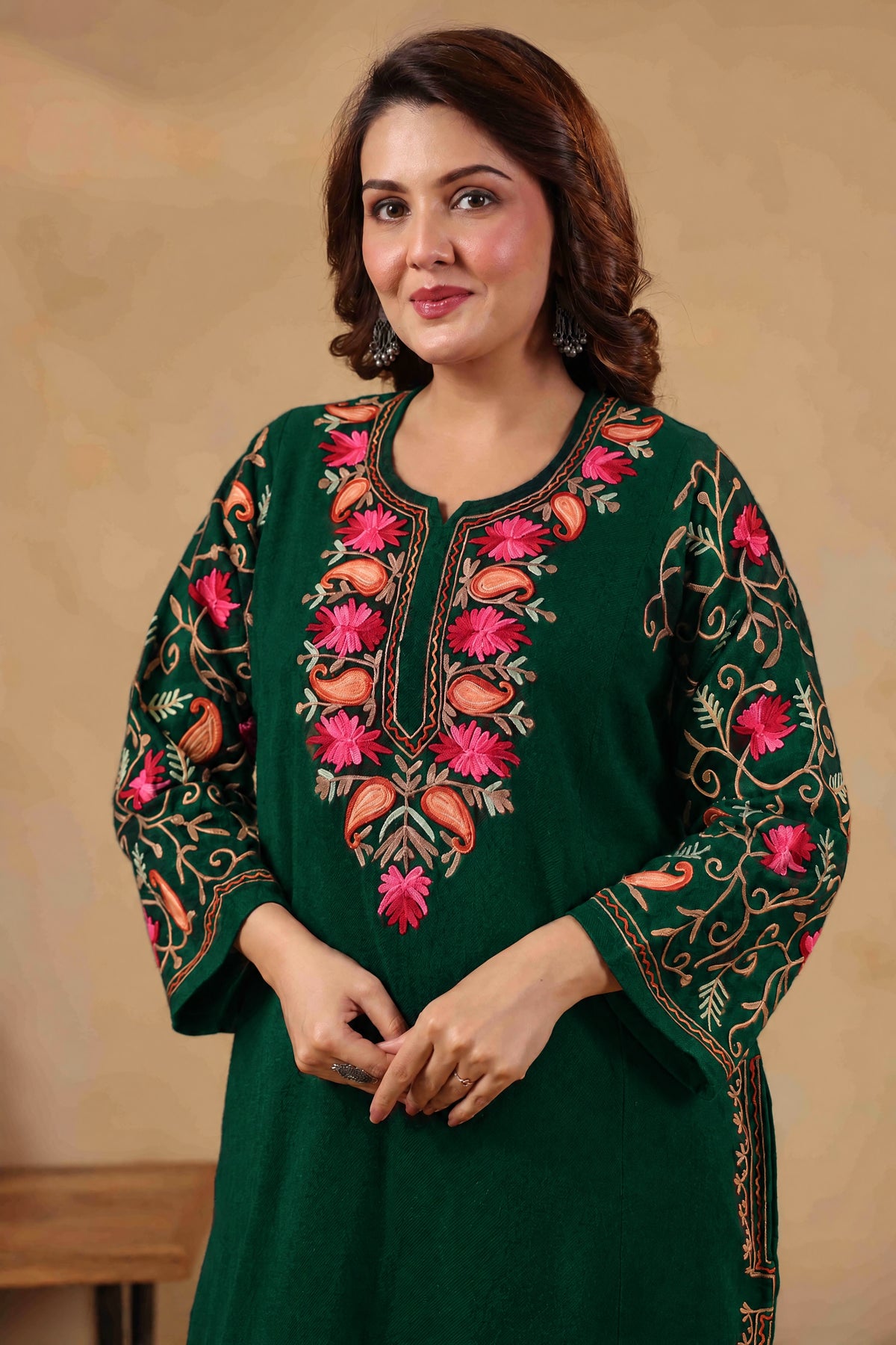 Multicolor Aari Embroidery Kashmiri Pheran | Bottle Green